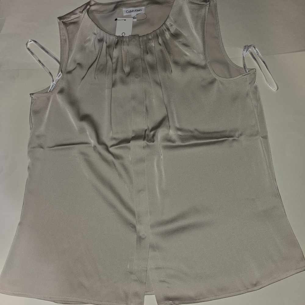 Calvin Klein Shimmery Satin-like Sleeveless Top Blouse Silver Beige Grey L